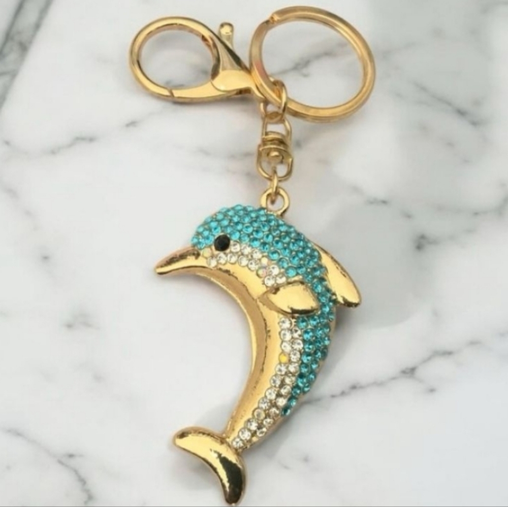Dolphin Keychain Gold and Blue with Rhinestones
